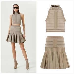 Balmain Mock Neck cropped Tank and Flared Mini Skirt in Sable Size 36 NWT